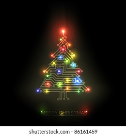 Vector christmas tree from digital electronic circuit and colorful lights