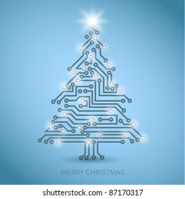Vector christmas tree from digital electronic circuit - blue version with white lights