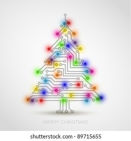 Vector christmas tree from digital electronic circuit and colorful lights