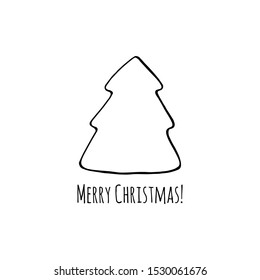 Vector christmas tree. Doodle hand drawn sign. Greeting, invitation card. Childish illustration for print, web