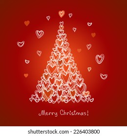 Vector Christmas tree of doodle hearts. Holiday hand drawn card. Cute invitation, greeting car. Red illustration for print, web
