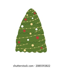 Vector christmas tree. Doodle illustration in green, red and yellow colors. Clipart for Christmas and New Year.