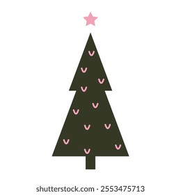 Vector Christmas tree doodle illustration. A festive spruce with bold ornaments and a star topper, suitable for seasonal decorations or icons.