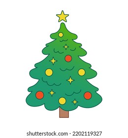 Árbol de navidad vectorial. Árbol verde con decoraciones. Árbol de flores para Año Nuevo con estrellas. Gradiente.