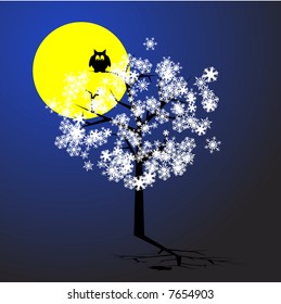 Vector - Christmas tree filled with snowflakes with a moon in the background
