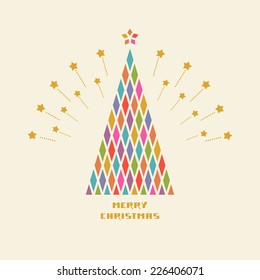 Vector christmas tree with firework. Original holiday invitation, greeting card. Vintage decorative simple illustration for print, web