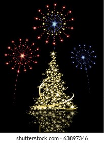 Vector Christmas tree with fireworks