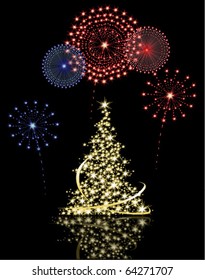 Vector Christmas tree with fireworks