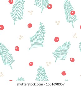Vector Christmas Tree Foliage with Berries seamless pattern background.