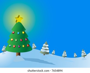 Vector - bosque de árboles de Navidad con nieve y estrella brillante.