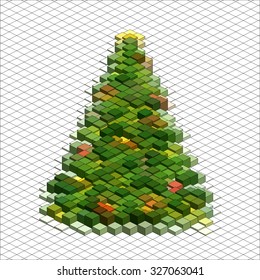 Árbol de Navidad vectorial forma un bloque cuadrado verde. Dibujo 3d abstracto de diseño