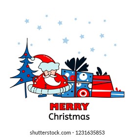 Vector Christmas Tree, funny Santa Claus with gift boxes