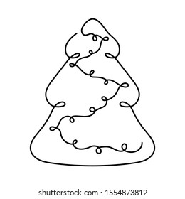 Vector Christmas tree with garland, line art drawing. Modern minimalist illustration