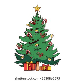 Vector Christmas Tree Gift Boxes Cartoon Illustration Isolated