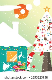 Árbol de Navidad vectorial con casa de regalo.diseño plano de ilustración

