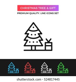 Vector Christmas tree and gift icon. Premium quality graphic design. Modern signs, outline symbols collection, simple thin line icons set for websites, web design, mobile app, infographics