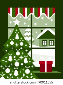 vector Christmas tree and gift at window