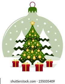 vector christmas tree and gifts in christmas ball isolated on white background