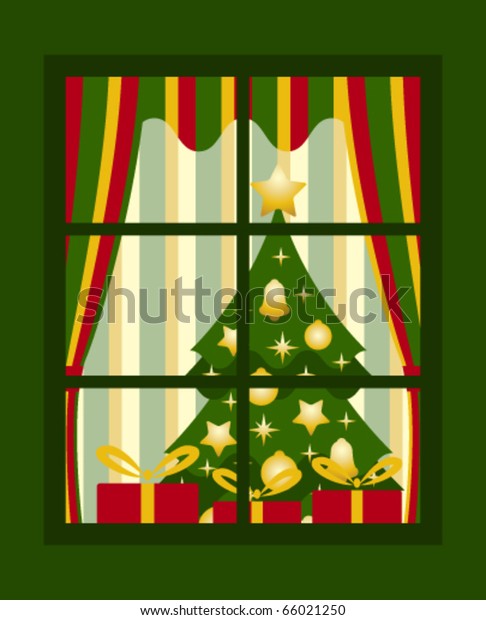 Vektor Weihnachtsbaum Und Geschenke Hinter Fenster Stock Vektorgrafik Lizenzfrei