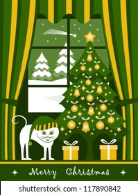 vector christmas tree with gifts and cat at window