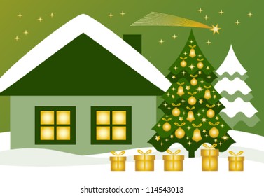 vector christmas tree with gifts, cottage and flying comet