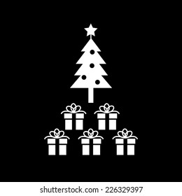 Vector christmas tree and gifts icon | white flat design pictogram isolated on black background
