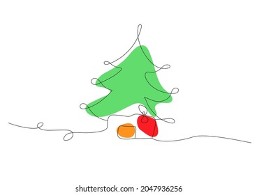 
Árbol de navidad vectorial con regalos en línea estilo de arte con manchas de color, decoración de año nuevo, una línea