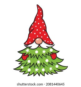 Vector Christmas tree Gnome illustration. Cute elf isolated on white. Scandinavian Nordic cartoon character. Xmas design for holidays decoration, greeting cards, gift tags, t-shirt print.