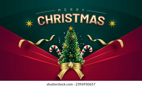 Vector Christmas tree and gold ribbons background. High quality decoration card December