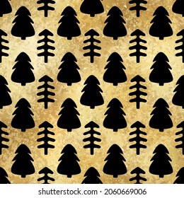 Vector Christmas tree gold seamless pattern. Festive New Year fir tree black print on golden shimmer foil background. Christmas holidays shiny metallic texture for gift wrap paper, design, decor.