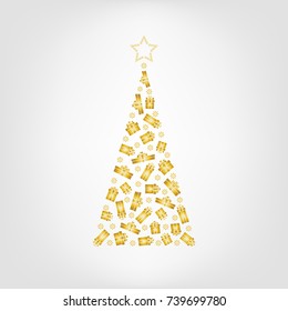 Vector christmas tree from golden gift box and snowflake with star on the top. Greeting card for New Year, Christmas