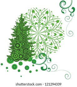 vector christmas tree green illustration with snowflakes isolated on white