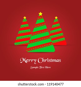 Vector Christmas tree  /  Christmas tree greeting card / Green origami Christmas tree on red bacgrounds