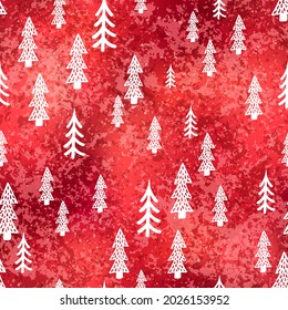 Vector Christmas tree hand drawn seamless pattern. Festive winter forest print on red shimmer foil background. New Year, holidays shiny metallic fir tree texture for gift wrap paper, design, textile.