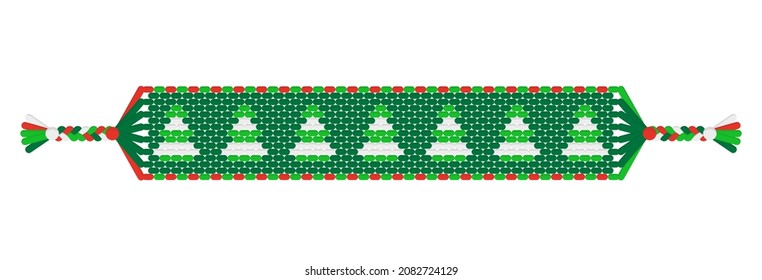 Vector Christmas tree handmade hippie friendship bracelet of green threads. Macrame normal pattern. Marry Christmas and Happy New Year