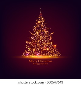 Vector Christmas tree. Holiday card design. Bokeh lights. 