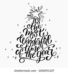 Vector Christmas tree of holidays lettering. We wish you a Merry Christmas and a Happy New Year text for invitation and greeting card, prints and posters. Hand drawn christmas design