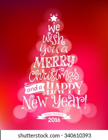Vector Christmas tree of holidays lettering on defocus background. Holidays text for invitation, greeting card, prints and posters. Hand drawn vintage christmas design