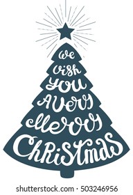 Vector Christmas tree of holidays lettering. We wish you a Merry Christmas  text for invitation and greeting card, prints and posters. Hand drawn vintage chalk christmas design