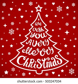 Vector Christmas tree of holidays lettering. We wish you a Merry Christmas  text for invitation and greeting card, prints and posters. Hand drawn vintage chalk christmas design
