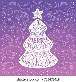 Vector Christmas tree of holidays lettering. We wish you a Merry Christmas and a Happy New Text for invitation and greeting card, prints and posters. Hand drawn christmas design