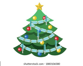 Vector Christmas tree icon illustration decorated with hanging medical masks and vaccine syringe injections Covid-19 concept design element can be used for printed materials posters cards or any else.