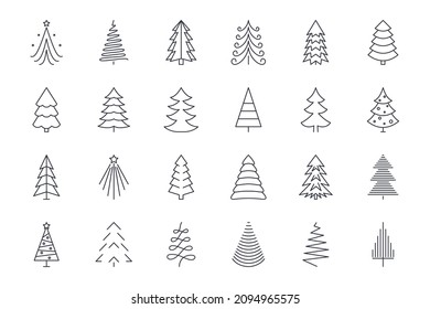 Vector Christmas tree icons. Editable stroke. Winter holidays decoration, Christmas and New Year celebration. Stock illustration on a white background. Snow season design elements