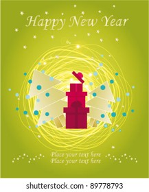 Vector Christmas tree illustration with gift on green background. Christmas card.