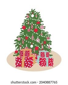 Ilustración vectorial de árbol de Navidad. Árbol verde de Navidad con bolas y juguetes, cajas de regalo. Vector de tarjetas de felicitación de Navidad. Ilustración vectorial de dibujos animados. 