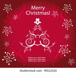 Vector Christmas tree illustration on red background. Christmas card.