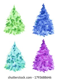 Vector christmas tree illustrations set in blue green and purple colors isolated on white background