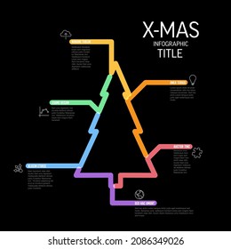 Vector christmas tree Infographic report template made from thick marker lines and icons in the shape of christmas tree piece with icons and descriptions on black background
