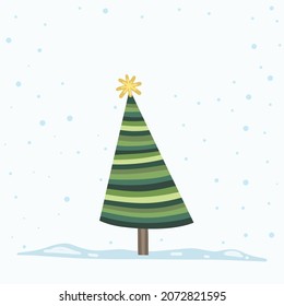 Vector Christmas Tree Isolated from Background. Snow Falling in Holiday Season Xmas and new year graphic template. Modern Tannenbaum tree decorated with lights and ornaments.