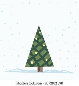 Vector Christmas Tree Isolated from Background. Snow Falling in Holiday Season Xmas and new year graphic template. Modern Tannenbaum tree decorated with lights and ornaments.